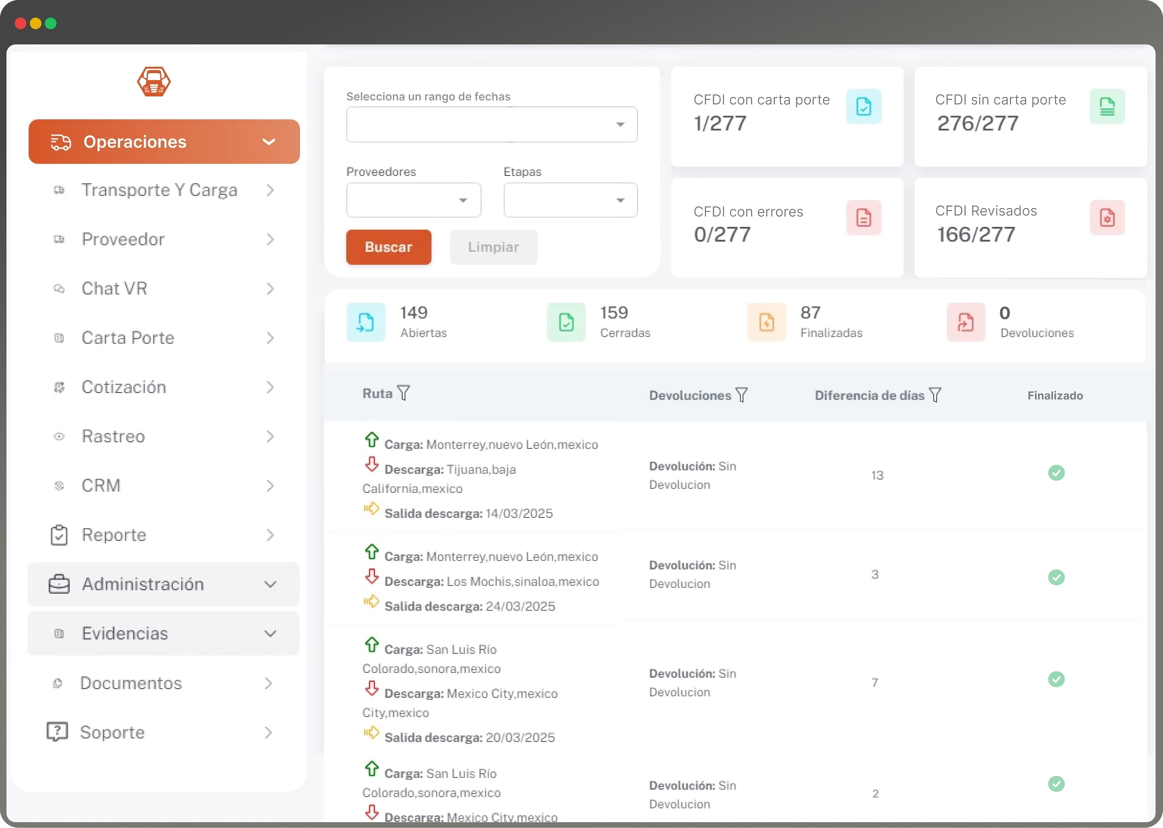 Dashboard de gestión logística